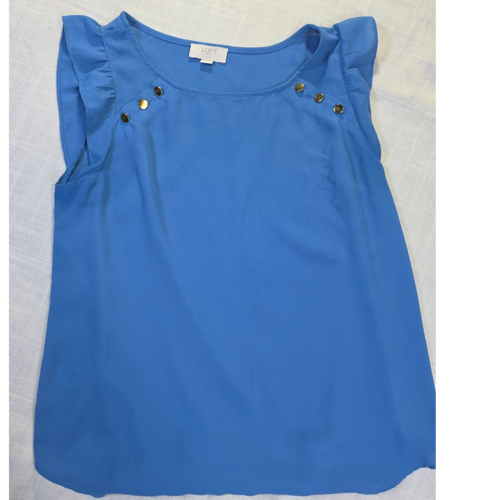 Loft Outlet Blue Ruffle Sleeve Gold Button Shoulder Blouse SP Petite